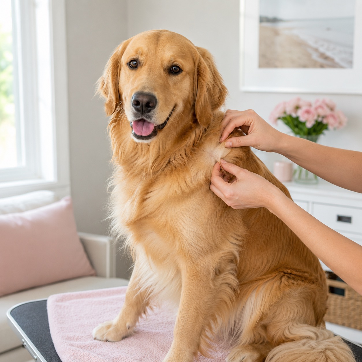 Danielle parting a golden retriever's coat to check the skin for fleas and ticks during grooming